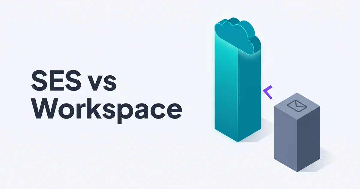 Isometric illustration of a tall teal Amazon SES pillar next to a much shorter slate Google Workspace SMTP pillar with a purple comparison arrow and the headline SES vs Workspace