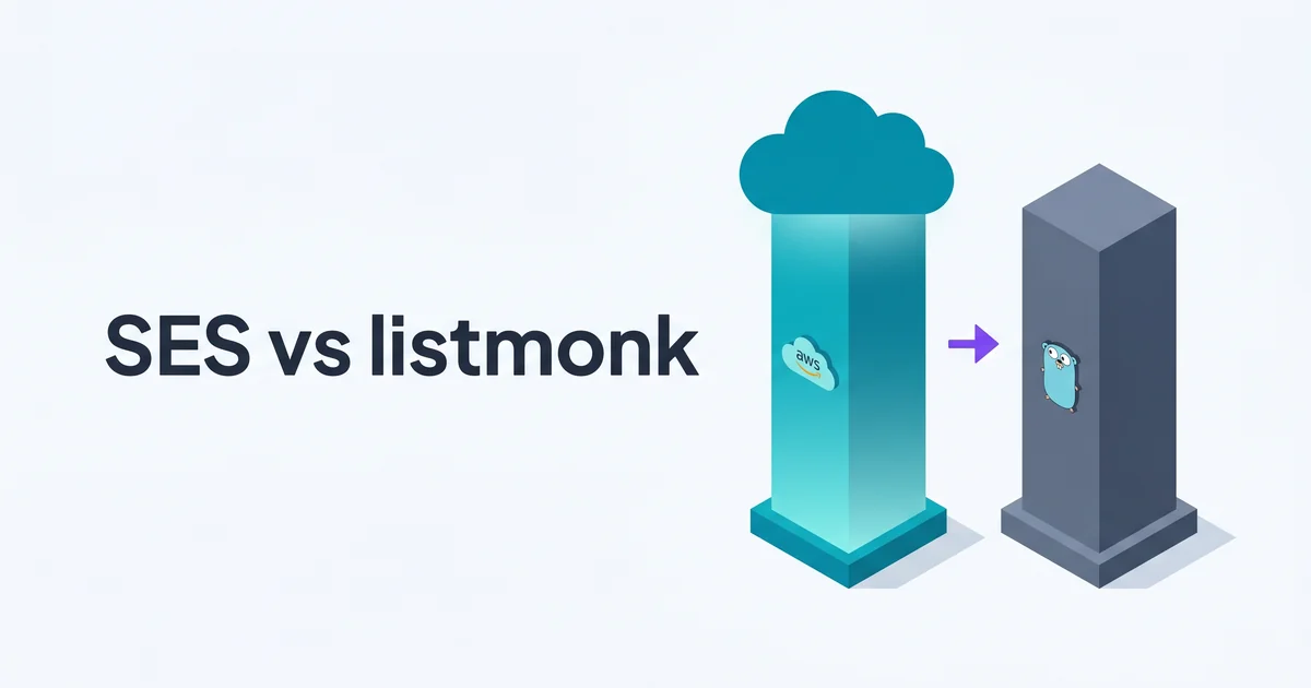 Isometric illustration of a teal AWS cloud pillar beside a slate pillar with a small Go gopher icon, connected by a purple arrow, beneath the headline SES vs listmonk.