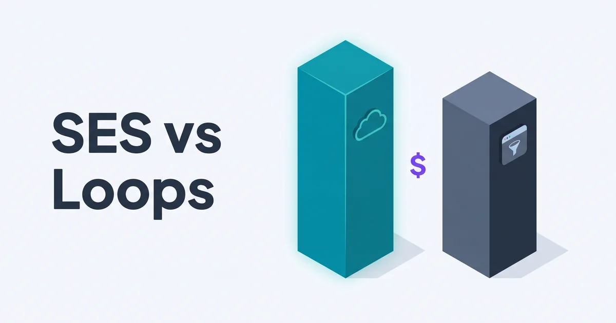 Isometric illustration of a tall teal Amazon SES pillar beside a slate Loops pillar with a small purple dollar sign between them and the headline SES vs Loops