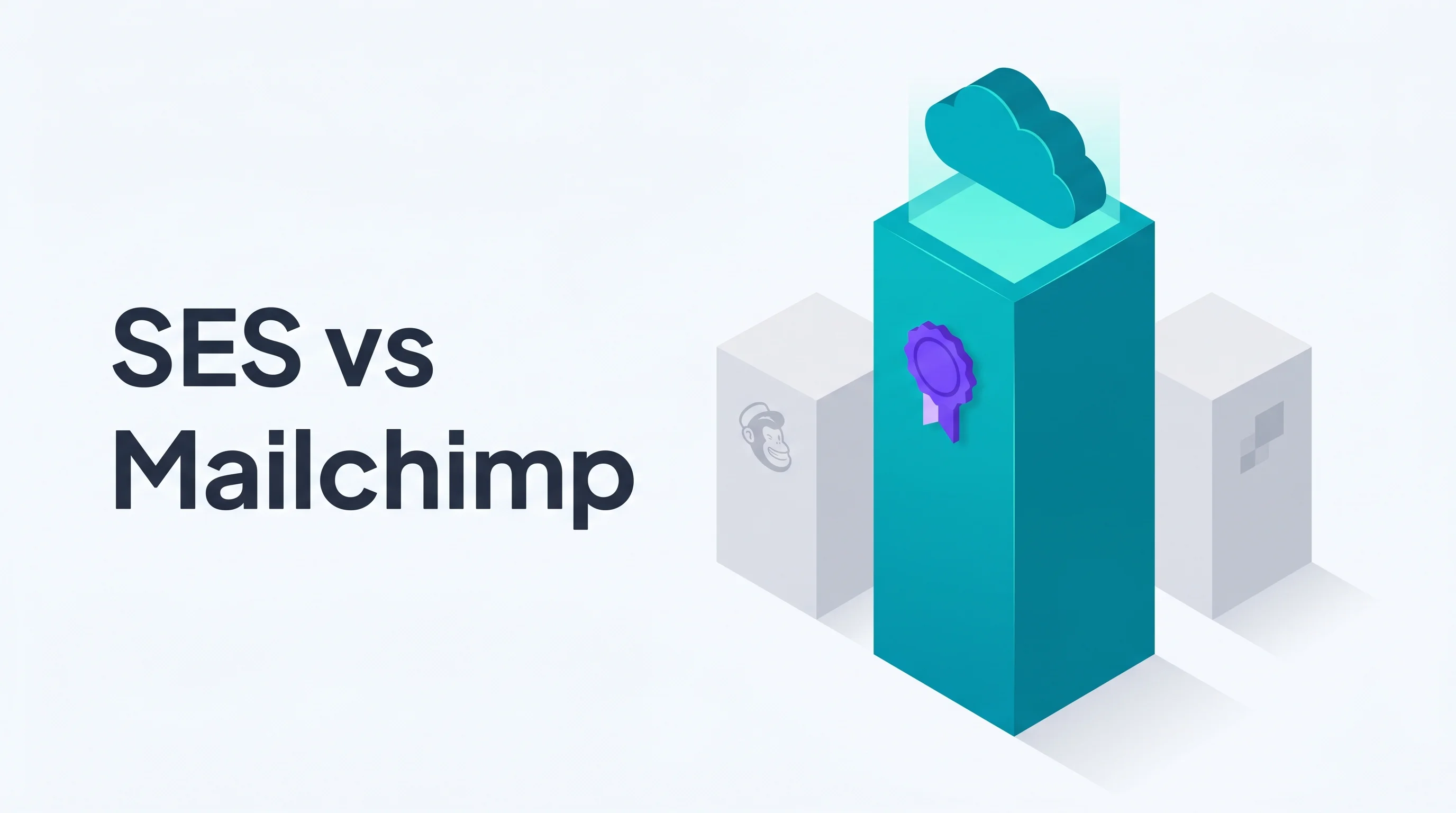 Isometric illustration of a dominant tall teal AWS cloud tower flanked by two shorter gray competitor towers, with a purple winner medal and the headline SES vs Mailchimp