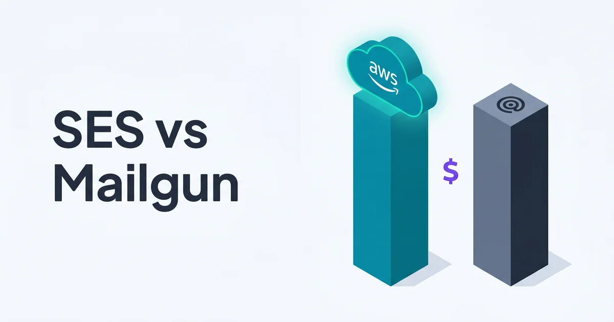 Isometric illustration of a tall teal Amazon SES pillar next to a shorter slate Mailgun pillar with a single purple dollar accent and the headline SES vs Mailgun
