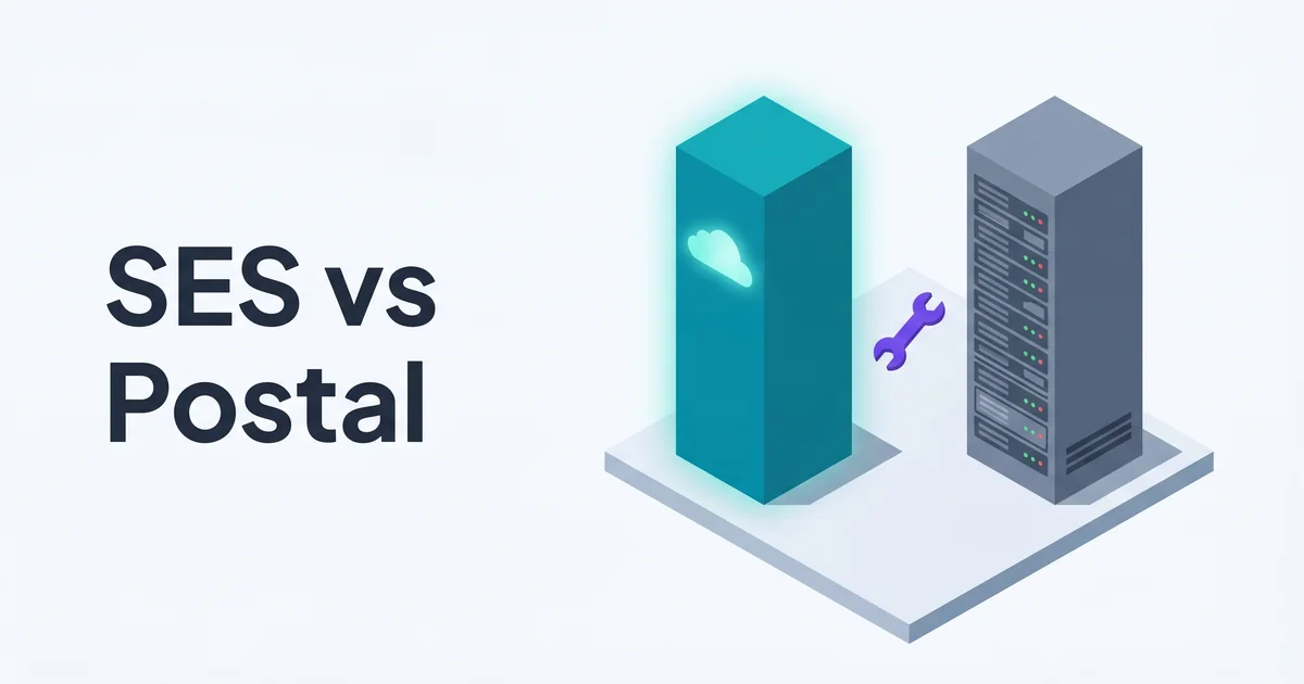 Isometric illustration of a teal AWS cloud pillar beside a slate server-rack pillar with a purple wrench accent, beneath the headline SES vs Postal.