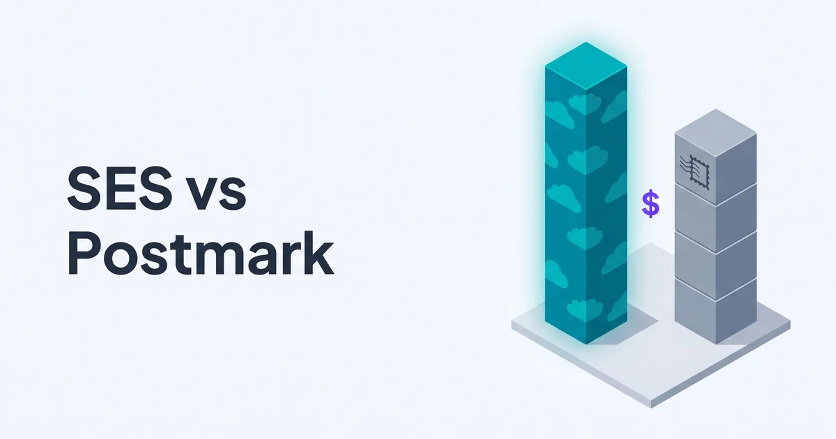 Two isometric pillars side by side - a tall teal cloud pillar for Amazon SES next to a shorter slate pillar with a postmark stamp icon, with a purple dollar sign between them