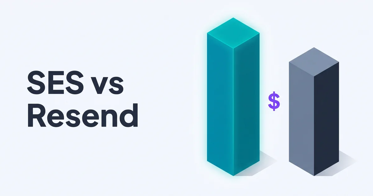 Isometric illustration of two pillars side by side: a tall teal Amazon SES pillar and a slightly shorter slate Resend pillar with a single purple accent dollar sign and the headline SES vs Resend