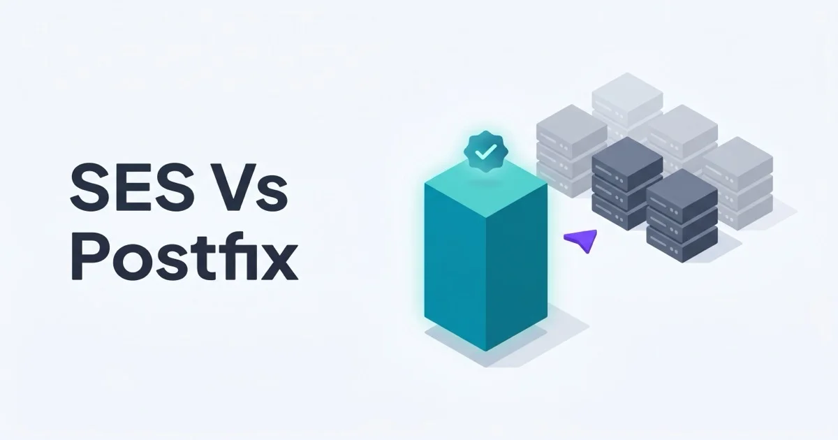 Isometric illustration of a tall teal AWS-cube icon with a glowing checkmark badge next to faded gray self-hosted server racks and a small purple comparison-arrow accent with the headline SES Vs Postfix