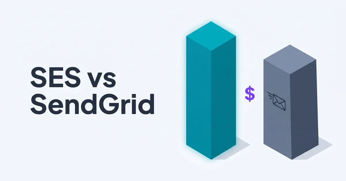 Isometric illustration of two pillars side by side: a tall teal Amazon SES pillar and a slightly shorter slate SendGrid pillar with a single purple accent dollar sign and the headline SES vs SendGrid