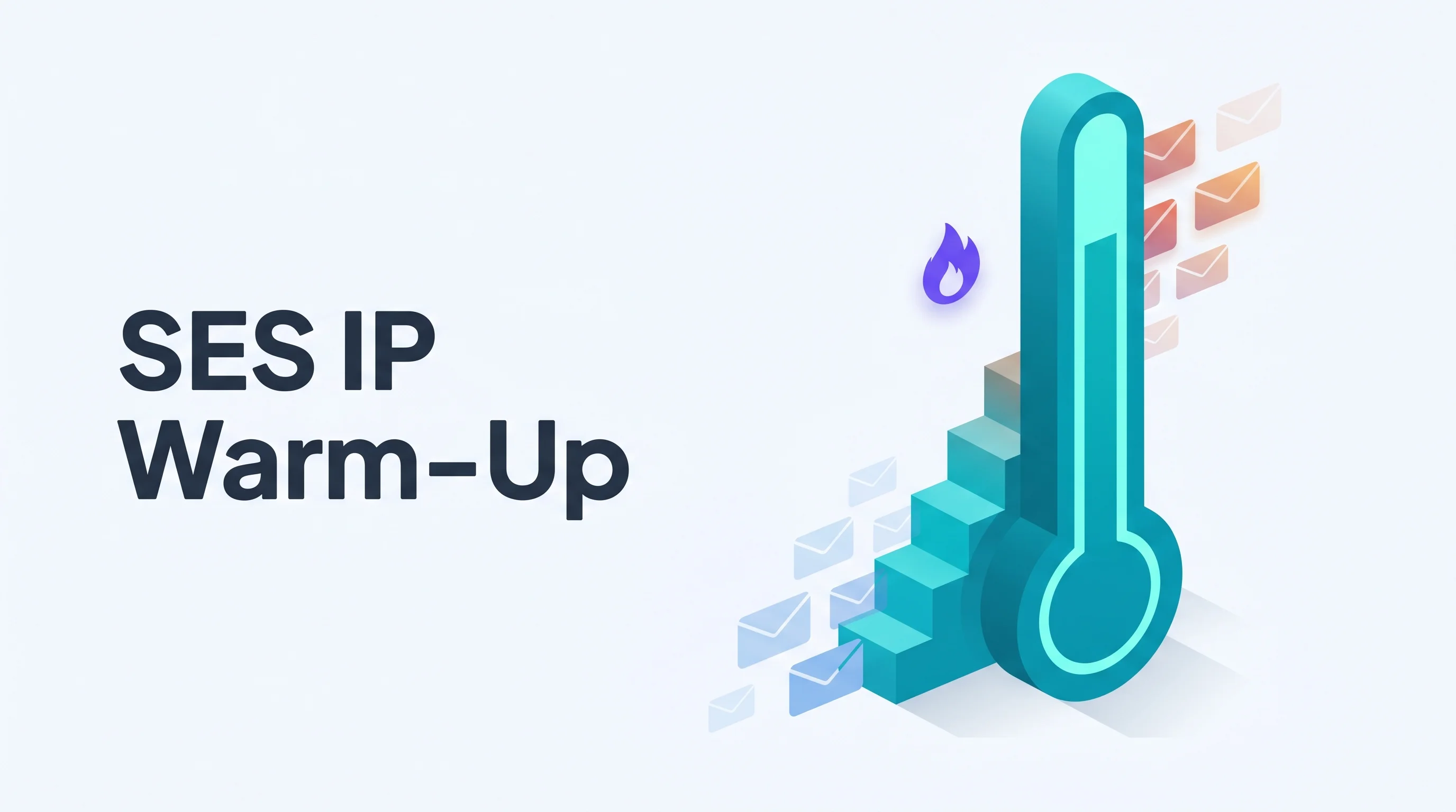 Isometric illustration of a tall teal thermometer with an ascending staircase ramp showing cold-to-warm envelopes, with a purple flame badge and the headline SES IP Warm-Up