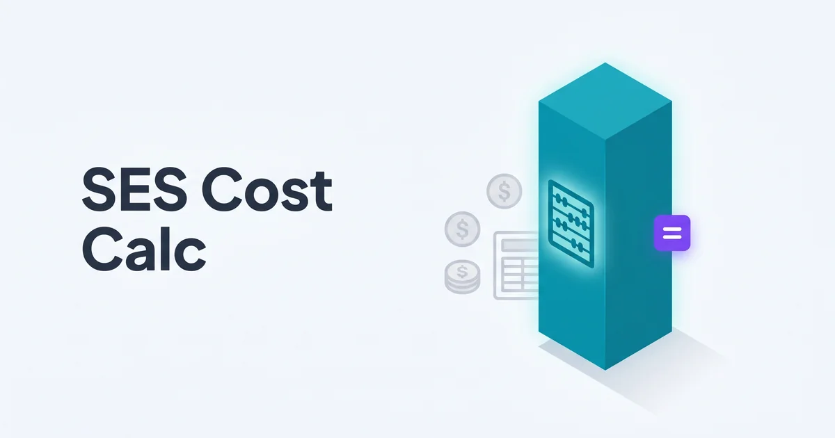 Isometric illustration of a teal pillar with an abacus icon next to a purple equals sign, representing an SES cost calculator.