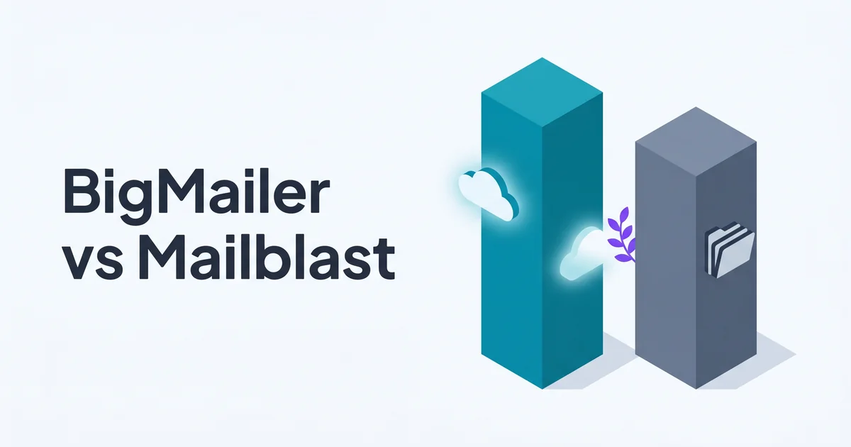 Side-by-side isometric pillars representing Mailblast single-brand cloud and BigMailer multi-brand folders.