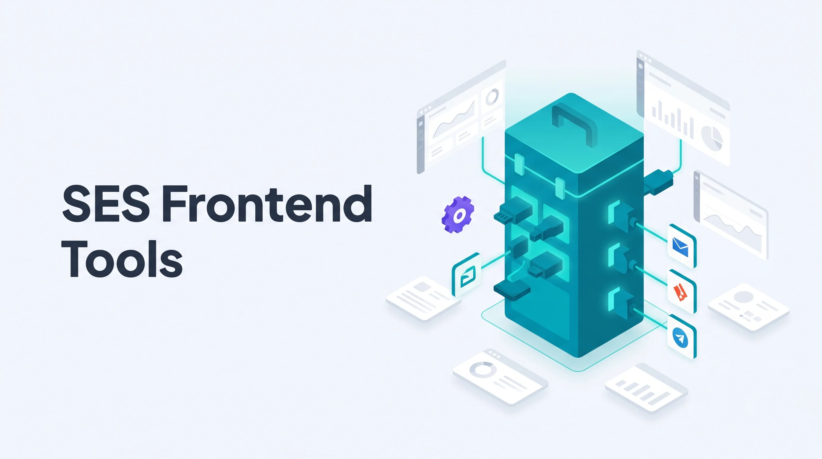 Isometric illustration of a tall teal toolbox tower with plugin connectors linking to dashboard cards and tool icons, with a purple gear badge and the headline SES Frontend Tools