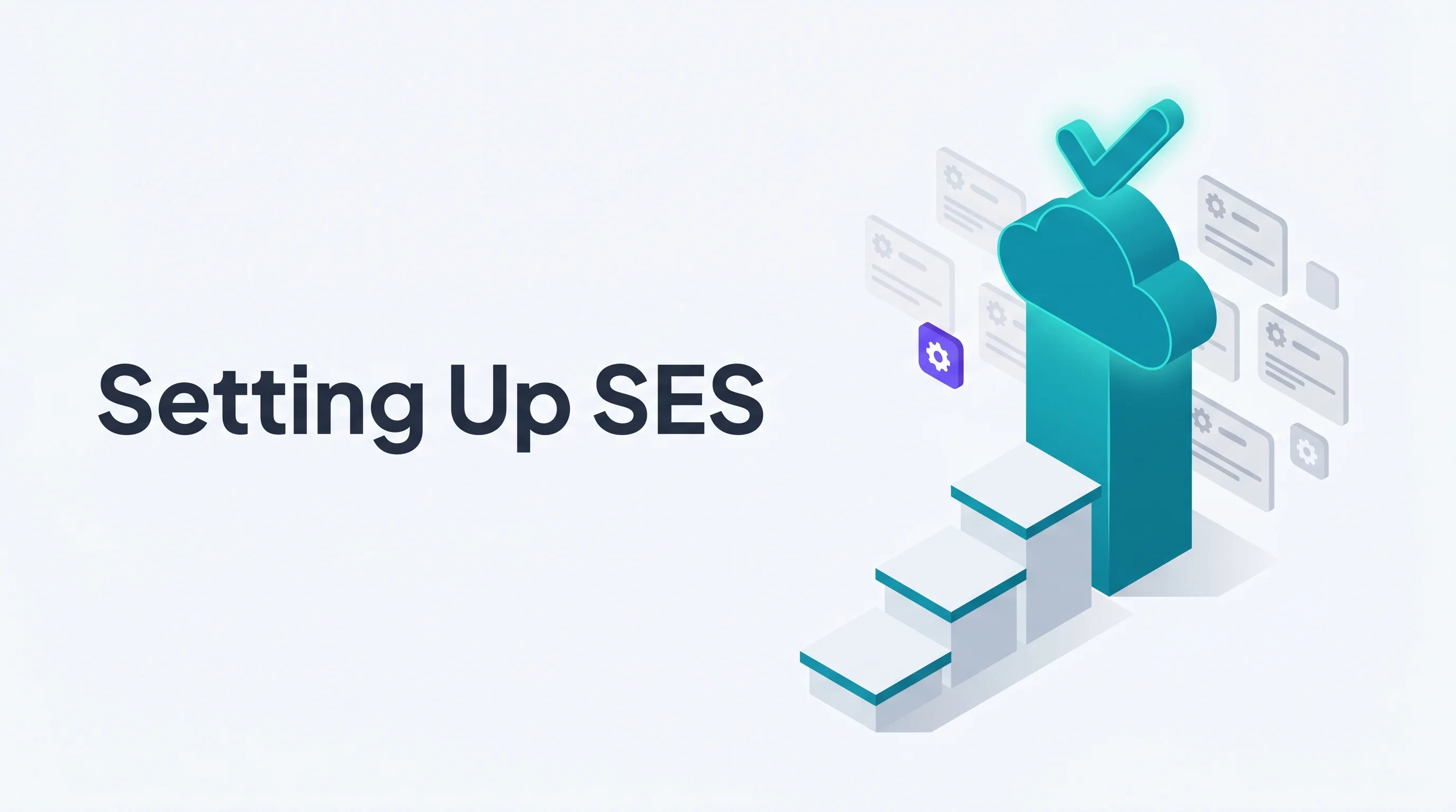 Isometric illustration of a tall teal cloud tower topped with a checkmark and three clean ascending steps, with faded settings card shapes and a purple gear badge, headline Setting Up SES