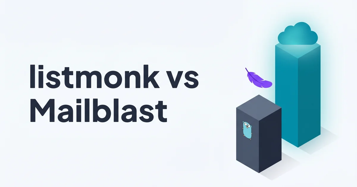 Two isometric pillars - a tall teal cloud pillar for hosted Mailblast next to a shorter slate pillar with the Go gopher for self-hosted listmonk.