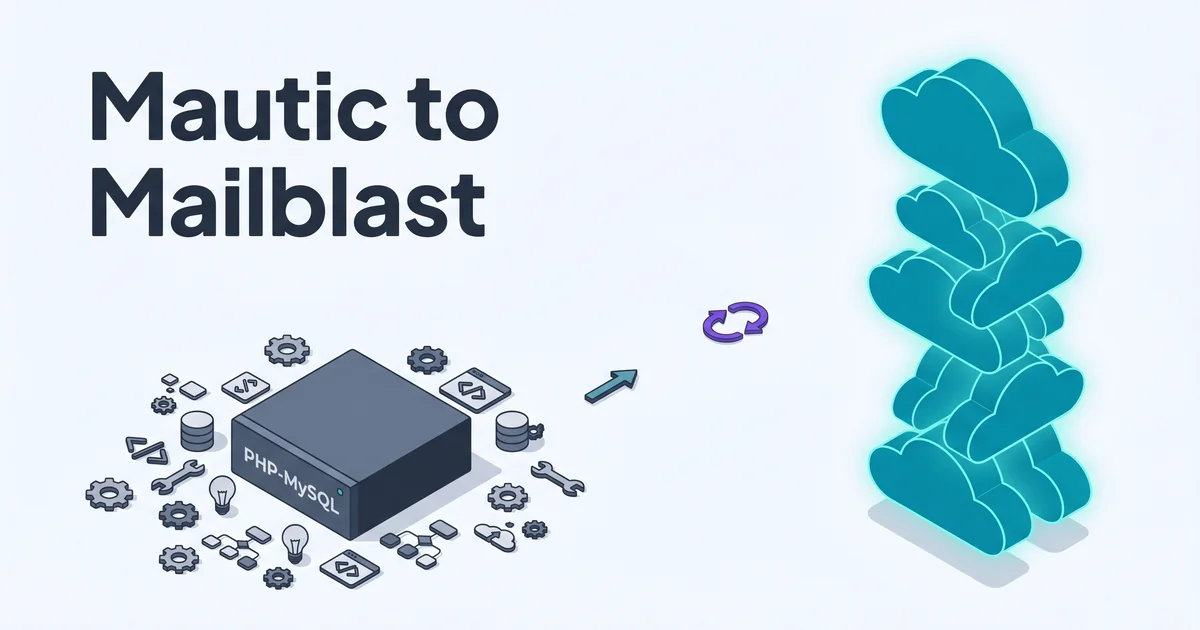 Isometric illustration of a Mautic PHP-MySQL server box and an arrow loop pointing toward a teal Mailblast cloud pillar
