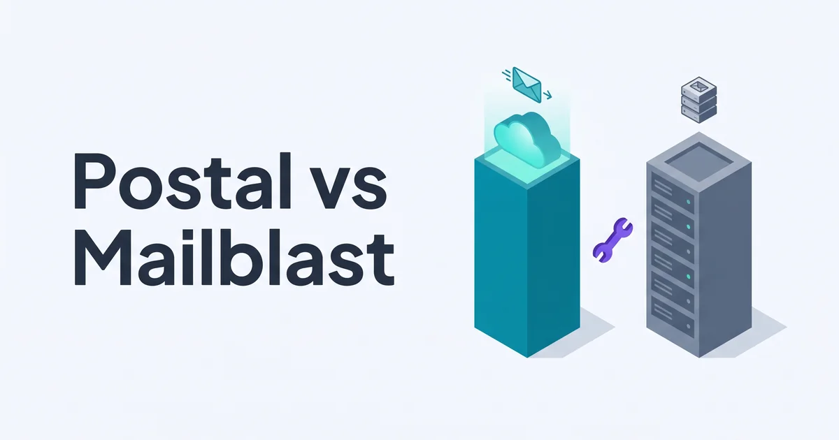 Isometric illustration of two pillars side by side: a tall teal Mailblast cloud pillar with an envelope arrow icon and a slightly shorter slate Postal server-rack pillar with a small purple wrench accent floating between them and the headline Postal vs Mailblast