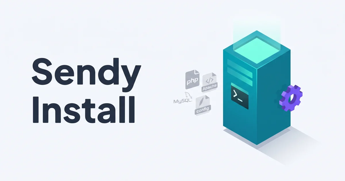 Isometric illustration of a tall teal server pillar with a glowing terminal cursor beside faded gray PHP and MySQL config icons with a single purple settings gear accent and the headline Sendy Install