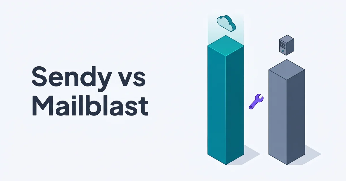 Isometric illustration of two pillars side by side: a tall teal Mailblast pillar with a hosted cloud icon and a slightly shorter slate Sendy pillar with a self-hosted server icon and a single purple wrench accent and the headline Sendy vs Mailblast